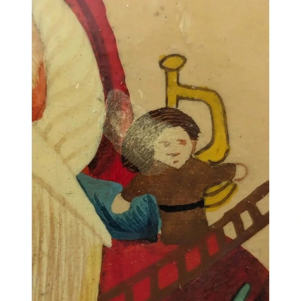 Vtg Hand Painted Paper Mache Lacquer Trinket Box Santa Christmas Box Lid India